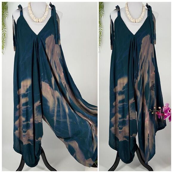 Pōʻalima Romper  Green/Teal/Blue/Gray/Coral V Neck Shoulder TIe Wide Leg Romper - Picture 2 of 15